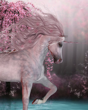 Fototapeta Cherry Blossom Unicorn - The Unicorn horse is a mythical creature with a horn on it's forehead and cloven hoofs and lives in the magical forest.