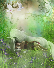 Fairy and White Unicorn - A forest fairy finds a white unicorn a nice resting place for an afternoon nap as white doves fly over.  © Catmando