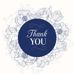 Vector Vintage Navy Blue Vintage Floral Drawing Wedding Thank You Card With Tulips, Poppies, Rozes In Classic Retro  Style Design.