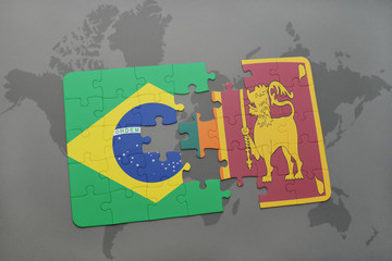 puzzle with the national flag of brazil and sri lanka on a world map background.