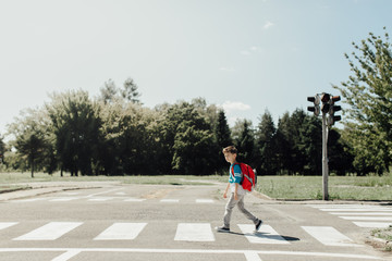 Back to school. Schoolboy walking to school crossing a road.