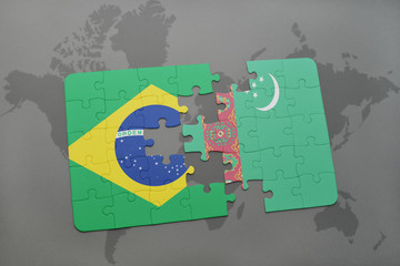 puzzle with the national flag of brazil and turkmenistan on a world map background.