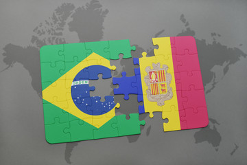 puzzle with the national flag of brazil and andorra on a world map background.