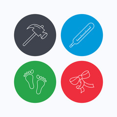 Footprint, bow and thermometer icons.