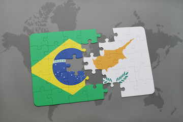 puzzle with the national flag of brazil and cyprus on a world map background.