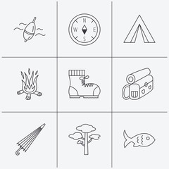 Fototapeta premium Pine tree, fishing float and hiking boots icons.