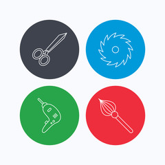 Scissors, drill and repair tools icons.