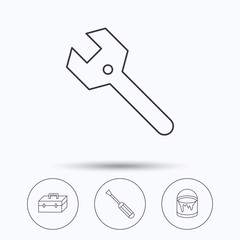 Wrench key, screwdriver and paint bucket icons.