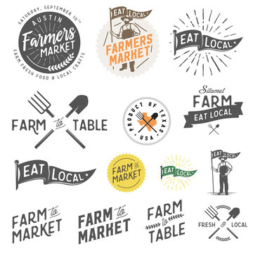 Vintage farm and farmers market labels, badges, emblems and design elements