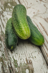 three green cucumbers lie on a wooden board/three cucumbers on a wooden board with shabby white paint