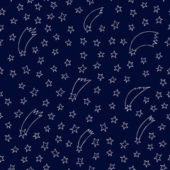 Cute Space Seamless Pattern. Repetitive Texture with Hand Drawn Stars and Meteors. Vector Ink Doodle Baby Background. Ready Swatch Included in File