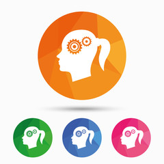 Head with gears sign icon. Female woman head