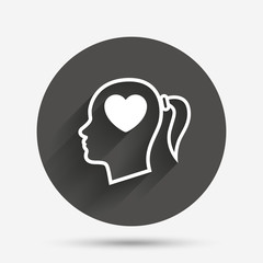 Head with heart sign icon. Female woman head