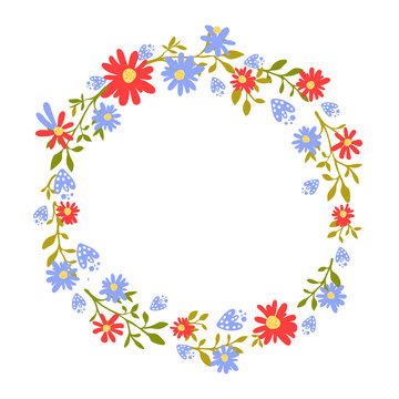 Floral wreath, hand drawn frame with place for text. Nature inspired garland with red and blue flowers. Vector design for cards and invitations