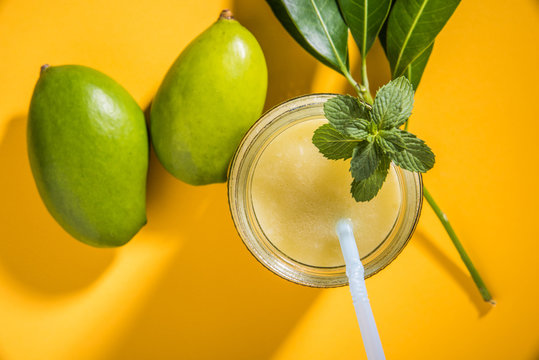 Green mango juice also known as kairi panha, aam panna, Mango Pahna, green mango drink, Fresh green mango smoothie with fresh green mangos