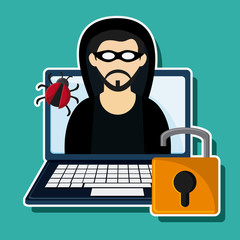 hacker thief laptop bug padlock cyber security system protection icon. Colorfull illustration. Vector graphic