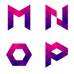 Series of letters m, n, o, p formed by colored triangles. Geometric shape. White background. Isolated.