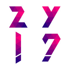 Series of letters y, z, exclamation and question mark formed by colored triangles. Geometric shape. White background. Isolated.