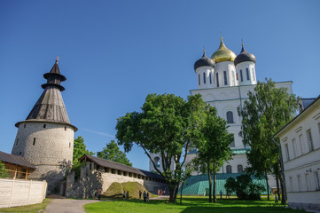 View of Trinity Cathedral and tower of Pskov Kremlin. Pskov, Russia