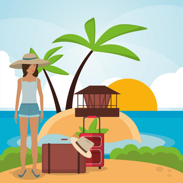 vacations baggage hat girl cartoon palm tree house paradise island travel icon. Colorfull illustration. Vector graphic