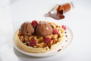 waffles with melt chocolate ice cream and chocolate sauce