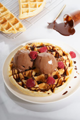 waffles with melt chocolate ice cream and chocolate sauce