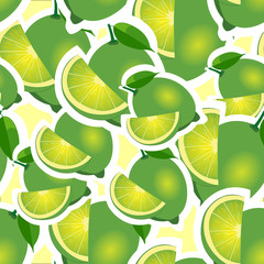 Pattern. lime and leaves different sizes on yellow background.