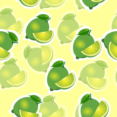 Pattern. lime and leaves and slises same sizes on yellow background. Transparency lime.