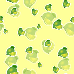 Pattern. lime and leaves different sizes on yellow background. Transparency lime.