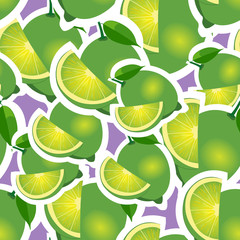 Pattern. lime and leaves different sizes on purple background.