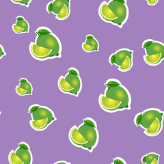 Pattern. small lime and leaves different sizes on purple background.