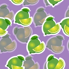 Fototapeta na wymiar Pattern. lime and leaves and slises same sizes on purple background. Transparency lime.