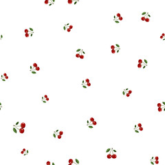 Pattern of red small cherry different sizes with leaves on white background
