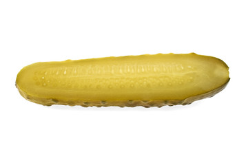 One pickled cucumber cut in half on white background © domnitsky