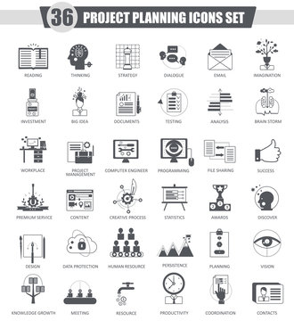 Vector finance business Project planning black icon set. Dark grey classic icon design for web.