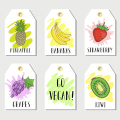 Bright cards with the image of fruit and inscriptions.