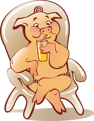 pig sitting in a beach chair with a glass of drink