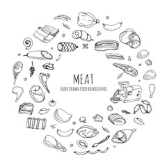 Hand drawn doodle set of cartoon different kind of meat and poultry. Vector illustration set. Sketchy food elements collection: Lamb, Pork, Ham, Mince, Chicken, Steak, Bacon, Sausage, Salami, Veggie.