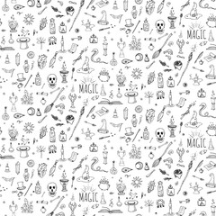 Seamless pattern hand drawn doodle Magic icons set. Vector illustration. Cartoon sorcery concept. Wizardy, witchcraft symbols and elements: wand, love potion, fairy book, tale, snake, crystal ball.