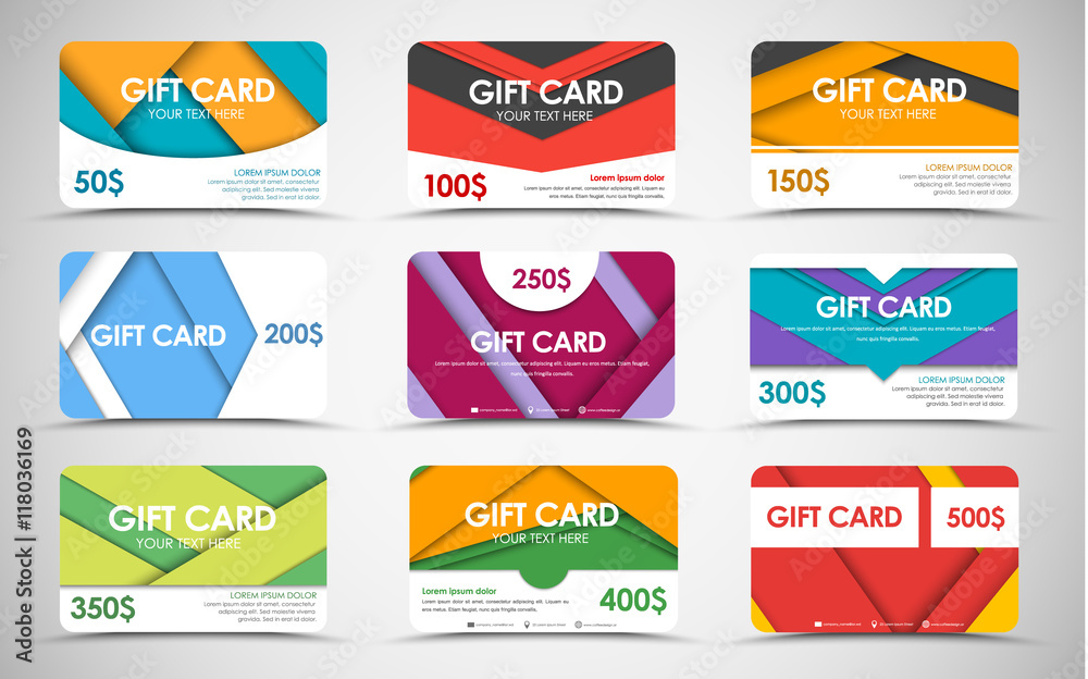 Poster Big set of gift cards of different values. material design. Templates of different colors and shapes. Vector illustration.