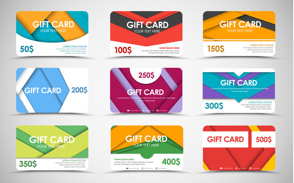 Big set of gift cards of different values. material design. Templates of different colors and shapes. Vector illustration.