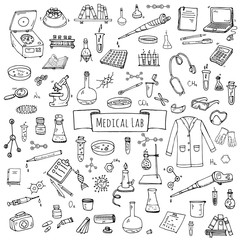Hand drawn doodle Medical laboratory icons set. Vector illustration. Chemical lab symbol collection. Cartoon medicine and healthcare elements: research tools, substance and molecules, lab coat, mask