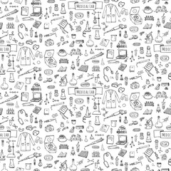 Seamless pattern Hand drawn doodle Medical laboratory icons set. Vector illustration. Chemical lab symbol collection. Cartoon medicine and healthcare elements: research tools, substance and molecules