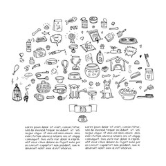Hand drawn doodle Pets stuff and supply icons set. Vector illustration. Vet symbol collection. Cartoon dogs care elements: kennel, leash, food, paw, bowl, bone and other goods for pet shop