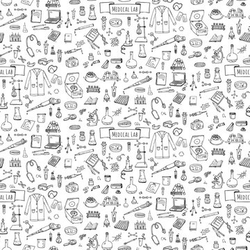 Seamless pattern Hand drawn doodle Medical laboratory icons set. Vector illustration. Chemical lab symbol collection. Cartoon medicine and healthcare elements: research tools, substance and molecules
