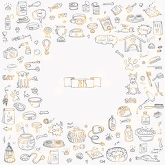 Hand drawn doodle Pets stuff and supply icons set. Vector illustration. Vet symbol collection. Cartoon dogs care elements: kennel, leash, food, paw, bowl, bone and other goods for pet shop