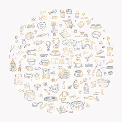 Hand drawn doodle Pets stuff and supply icons set. Vector illustration. Vet symbol collection. Cartoon dogs care elements: kennel, leash, food, paw, bowl, bone and other goods for pet shop