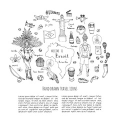 Hand drawn doodle Welcome to Brazil set Vector illustration Sketchy Brazilian traditional icons Cartoon Brazil typical elements collection Landmark Football ball cleats goal Capoeira Samba Orchid