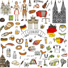 Seamless pattern hand drawn doodle set of Germany icons. Vector illustration set. Cartoon German landmark. Sketchy Europe travel elements collection: Sausage, Beer, Wheat bread, football, castle