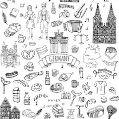 Seamless pattern hand drawn doodle set of Germany icons. Vector illustration set. Cartoon German landmark. Sketchy Europe travel elements collection: Sausage, Beer, Wheat bread, football, castle